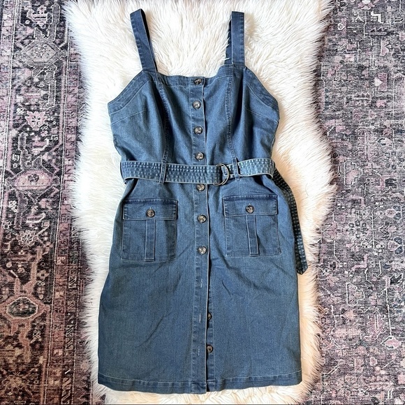 Women’s Overall Button Down Jumper Dress with Belt & Front Pockets Size 1X - Picture 7 of 8